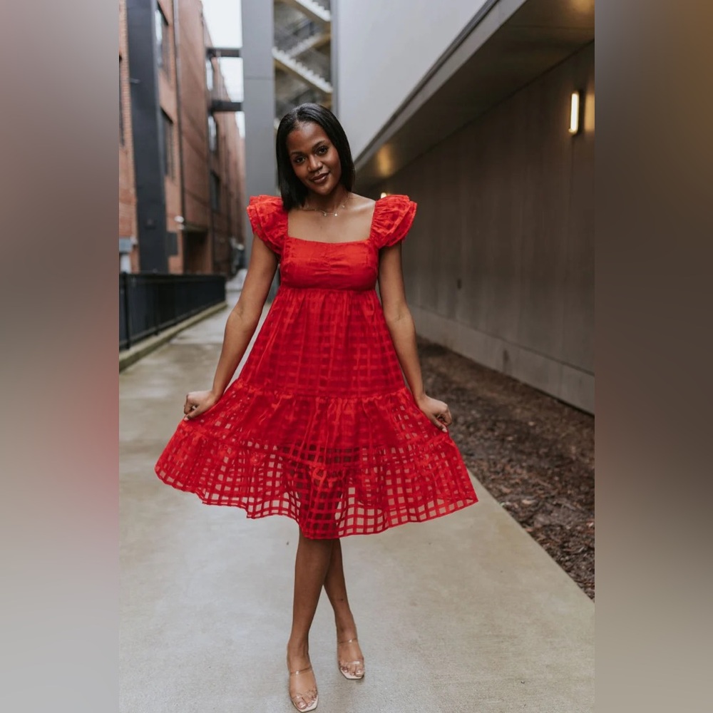 vestique Red Puff-Sleeve Mini Dress